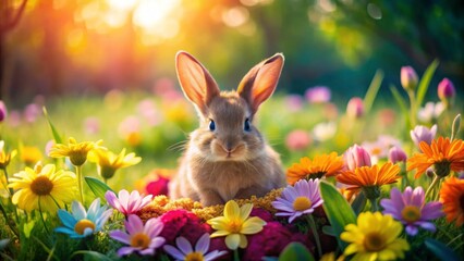 A cute little rabbit sitting on a colorful flower petal surrounded by lush greenery in a sunny meadow , nature, meadow
