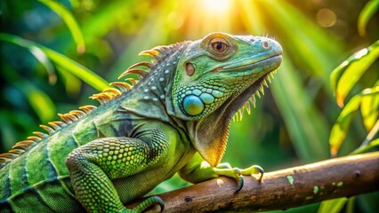 Fototapeta premium A large green iguana perches on a thin branch of a tropical tree in bright sunlight, its scaly skin glistening with dew , beautiful iguana, tree