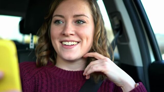 Excited young woman with dimples laughs while looking at phone in car female adult