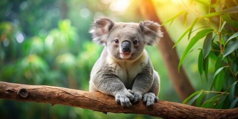 Fototapeta premium koala bear sitting on a branch with leaves, forest, koala, forest, koala, animal