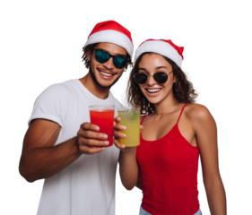 Hispanic young couple wearing santa hats and sunglasses toasting with cold holiday cocktails celebrating christmas. Summer and vacations.