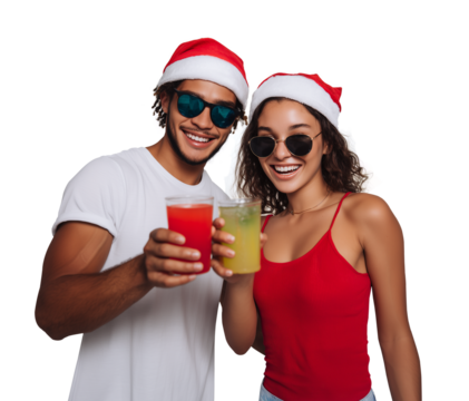 Hispanic young couple wearing santa hats and sunglasses toasting with cold holiday cocktails celebrating christmas. Summer and vacations. 