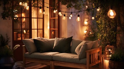 Fototapeta premium Cozy outdoor sofa with string lights creates a warm evening ambiance.