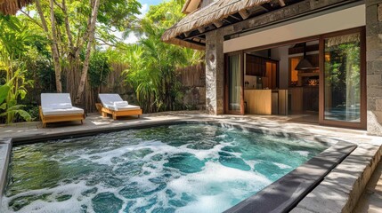 Outdoor private pool next to a thatched roof structure, sun loungers, and lush green vegetation