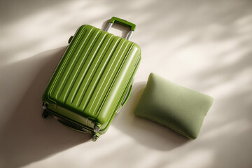 Green Suitcase and Travel Pillow in Soft Light