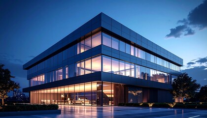 Fototapeta premium Modern office building with glass facade at dusk.