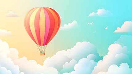 Fototapeta premium Vibrant hot air balloon ascends through fluffy clouds in a bright, colorful sky.