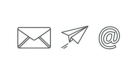 A clean and simple line art illustration featuring an envelope, paper airplane, and at symbol, representing email communication