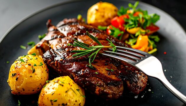 Grilled steak with roasted potatoes and colorful vegetables - Powered by Adobe