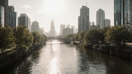 Fototapeta premium A sunlit urban scene with a river flowing through a cityscape lined with tall buildings and trees