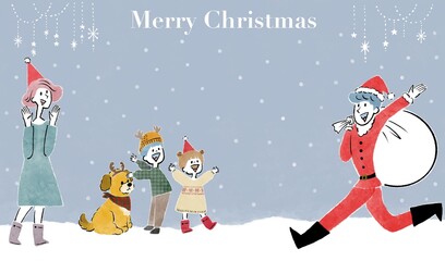 サンタクロースの衣装を着たお父さんとその家族のクリスマスの夜のクリスマスカードテンプレート