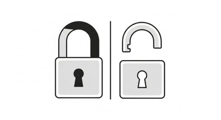 Two padlock icons, one locked and one unlocked, representing security, privacy, and access control in digital and physical forms