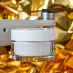 Cosmetic cream jar on drone with golden background.