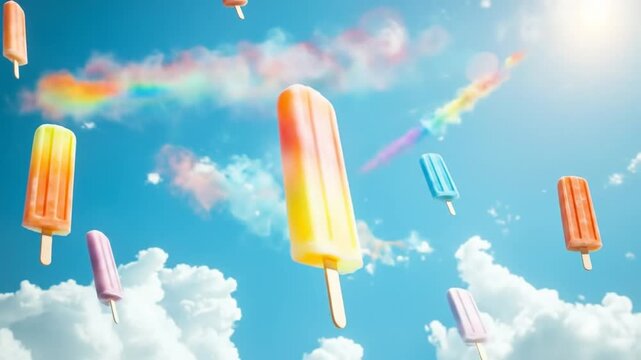 Colorful frozen treats floating against a bright blue sky background