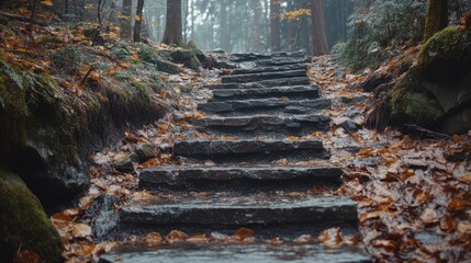 Stone steps ascend through a forest path, lined with fallen autumn leaves, on a misty day