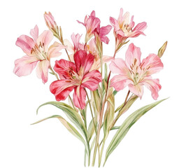 Naklejka premium Watercolor red and pink flower bouquet clipart, on a white background with margins, in very soft pastel colors