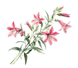 Watercolor, simple and clean, clip art, single object, wild flower bouquet, pink and red flowers, green leaves, white background