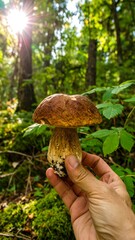 Hand holding a large mushroom in a forest (1)