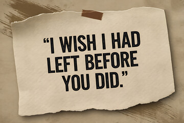 Quote on torn paper "i wish i had left before you did" expressing regret and departure
