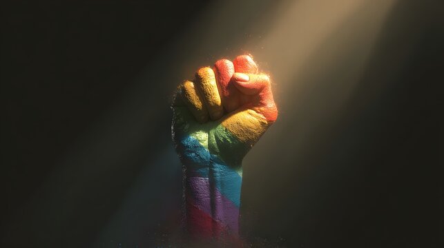 Fist painted with rainbow colors raised in unity under light.