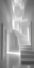 Fototapeta premium Surreal all-white room with floating doors, disconnected staircases, twisting walls, minimalistic dreamlike interior with soft shadows and clean design for visual background.