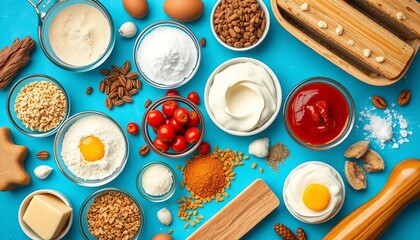 Overhead shot of assorted baking ingredients on a vibrant blue background,  kitchen,   texture