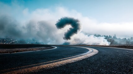 A curved road leads to a question mark shaped smoke cloud.