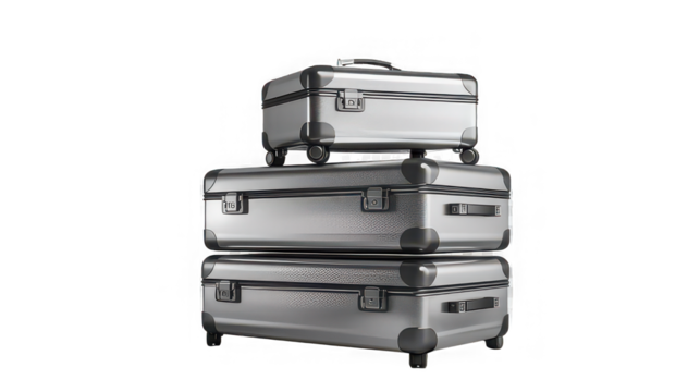 A stack of three silver aluminum suitcases of varying sizes on a black background in studio lighting