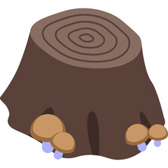 A Detailed Vector Illustration of a Brown Tree Stump with Small Mushrooms Growing at Its Base on a Transparent Background