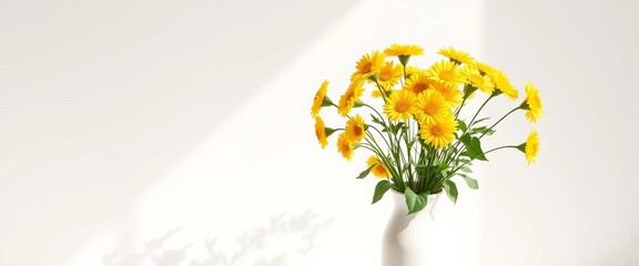Sunlit yellow billy buttons in a simple white vase against a plain white wall, pure white, bloom