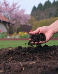 Hand holding soil, springtime garden