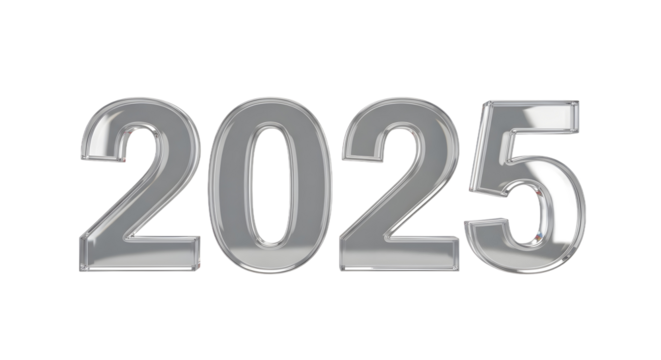 2025 Silver Balloon Numbers Celebration, Realistic Balloon Bunch Floating, White Background, Transparent PNG, Front View, Graphic Concept