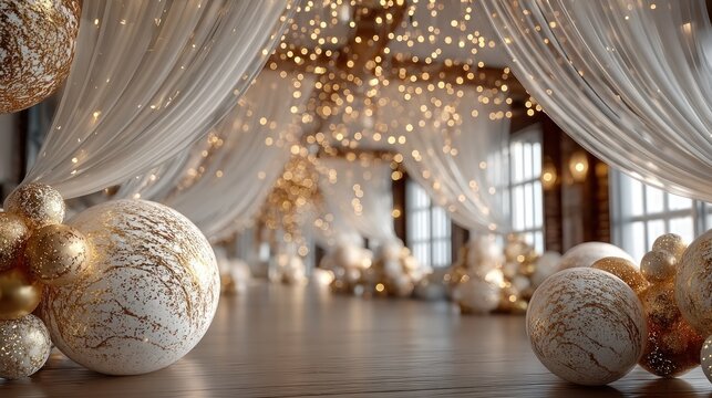 Elegant Decor with Golden Spheres and Festive Lighting in a Luxurious Space