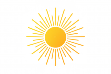 Sun icon with radiating yellow rays representing heat, bright summer weather, and light energy on a transparent background