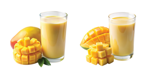 Mango Milk with Ripe Mango Cubes: Bright yellow mango milk with ripe mango cubes beside it, PNG style.