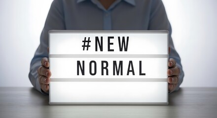 Person holding a lightbox sign with new normal text, representing the changing world and adaptation to new circumstances
