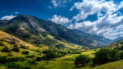 Majestic mountain valley bathed in sunlight with a vibrant sky.
