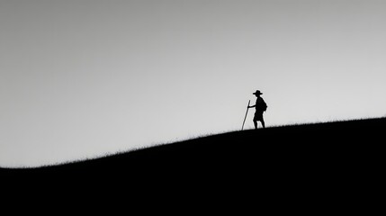 Fototapeta premium Lone traveler with a stick walks up a grassy hill against a bright sky.