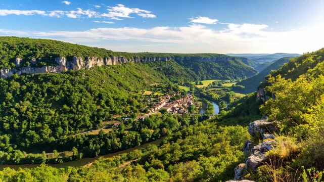 Picturesque river valley featuring a small village with terracotta roofs surrounded by lush green forests and rugged cliff faces under a sunny blue sky