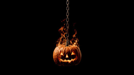 Halloween pumpkin on fire, hanging from chain, creates spooky and dramatic atmosphere. flames illuminate carved face, enhancing eerie effect