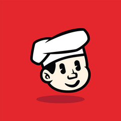 Cartoon face of an angry boy wearing a white chef hat with a furious expression. Bold vector mascot design on red background. Perfect for restaurant logo or character branding