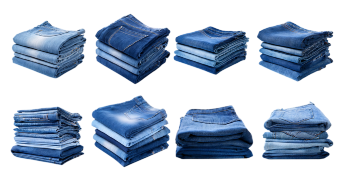 Neatly Stacked Denim Jeans in Various Shades of Blue and Style, isolated on transparent background