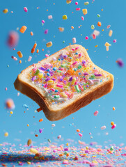 Piece of toast topped with colorful sprinkles and candy floats against blue background, creating joyful and vibrant scene