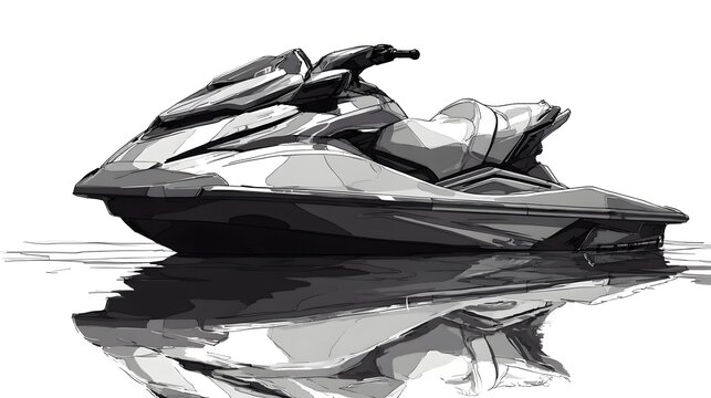 A jet ski floats on calm water, reflecting its silhouette.