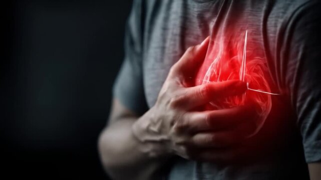Heart attack, palpitations. A person clutches their chest, experiencing pain in the heart and palpitations in the chest area.Heart health issues, heart attack, chest discomfort.Cardiovascular diseases