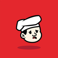 Cartoon face of an angry boy wearing a white chef hat with a furious expression. Bold vector mascot design on red background. Perfect for restaurant logo or character branding