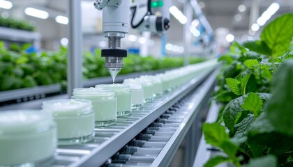 Automated cream filling line in a factory with green plants.