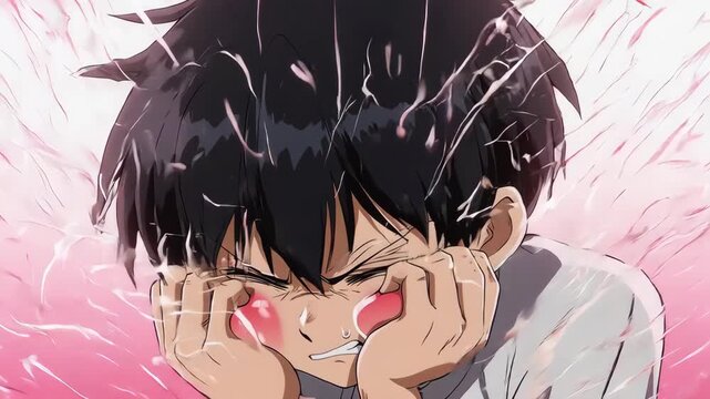 comedic and chaotic close-up of a flustered anime boy in a panic. His wide, darting eyes and red face create a hilarious sense of being overwhelmed or embarrassed.