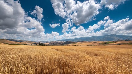 Golden Wheat Field under Blue Sky with Clouds and Distant Hills