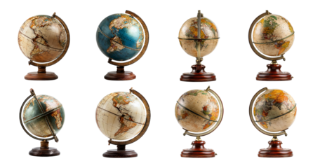 Collection of Vintage Globes Displayed on Wooden Stands, PNG bundle collection, Isolated on Transparent Background